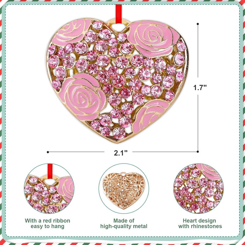 GROWTHMAGIC Store Pink Heart Christmas Ornaments - Metal Heart Ornaments for Christmas Tree with Rhinestones Xmas Decor Gift for Women Girls - Image 4
